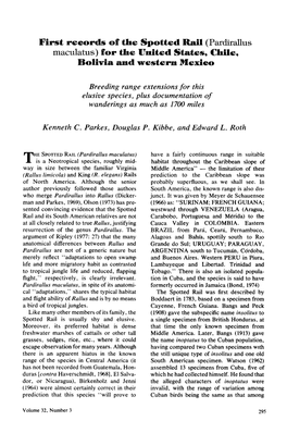 First Records of the Spotted Rail (Pardirallus Maculatus) for the United States, Chile, Bolivia and Western Mexico