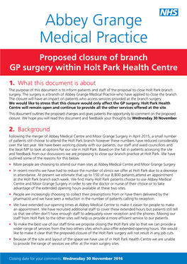 Abbey Grange Medical Practice Who Have Applied to Close the Branch