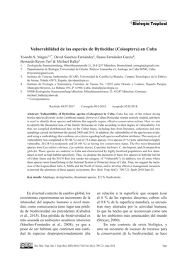 Vulnerabilidad De Las Especies De Dytiscidae (Coleoptera) En Cuba