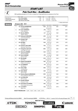START LIST Pole Vault Men - Qualification with Qualifying Standard of 5.70 (Q) Or at Least the 12 Best Performers (Q) Advance to the Final