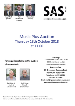 Music Plus Auction Thursday 18Th October 2018 at 11.00