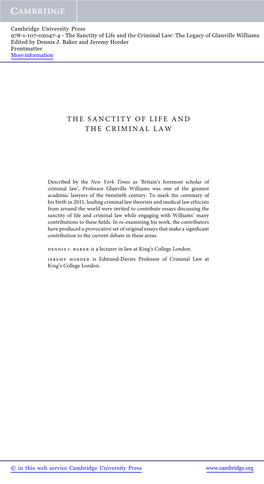 The Sanctity of Life and the Criminal Law: the Legacy of Glanville Williams Edited by Dennis J