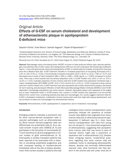 Original Article Effects of G-CSF on Serum Cholesterol and Development of Atherosclerotic Plaque in Apolipoprotein E-Deficient Mice