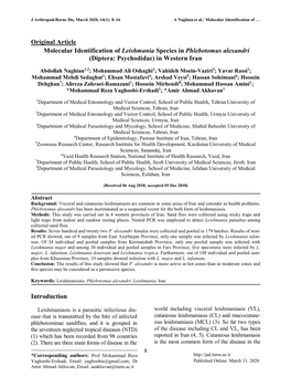 Original Article Molecular Identification of Leishmania Species in Phlebotomus Alexandri (Diptera: Psychodidae) in Western Iran