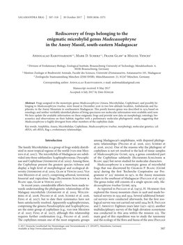 Rediscovery of Frogs Belonging to the Enigmatic Microhylid Genus Madecassophryne in the Anosy Massif, South-Eastern Madagascar