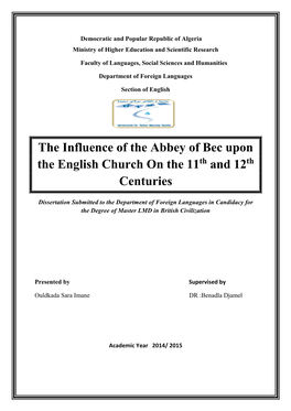 The Influence of the Abbey of Bec Upon the English Church on the 11Th and 12Th Centuries