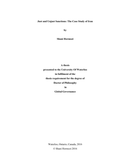 Just and Unjust Sanctions: the Case Study of Iran by Shani Hormozi a Thesis Presented to the University of Waterloo in Fulfilmen