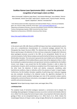 Exomars Raman Laser Spectrometer (RLS) – a Tool for the Potential Recognition of Wet-Target Craters on Mars