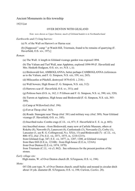 Ancient Monuments in This Township 1923 List OVER DENTON with GILSLAND