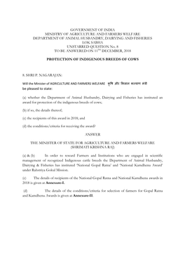 GOVERNMENT of INDIA MINISTRY of AGRICULTURE and FARMERS WELFARE DEPARTMENT of ANIMAL HUSBANDRY, DAIRYING and FISHERIES LOK SABHA UNSTARRED QUESTION No