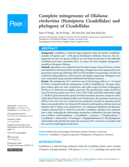 Complete Mitogenome of Olidiana Ritcheriina (Hemiptera: Cicadellidae) and Phylogeny of Cicadellidae