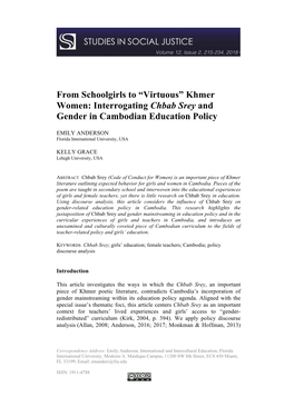 Khmer Women: Interrogating Chbab Srey and Gender in Cambodian Education Policy