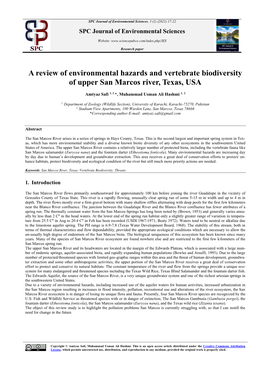 A Review of Environmental Hazards and Vertebrate Biodiversity of Upper San Marcos River, Texas, USA
