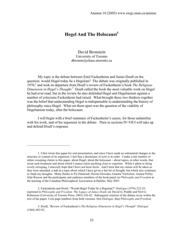 David Bronstein, Hegel and the Holocaust