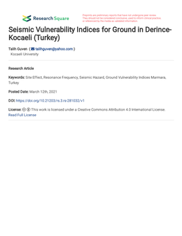 Seismic Vulnerability Indices for Ground in Derince-Kocaeli (Turkey)