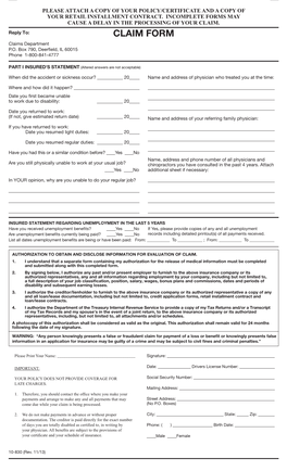 Credit Disability Insurance Claim Form