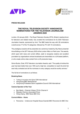 The Royal Television Society Announces Nominations for the Television Journalism Awards 2020