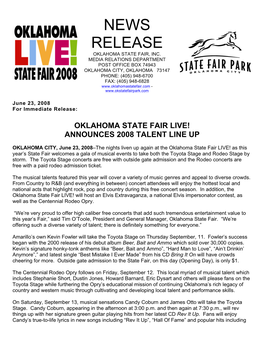 News Release Oklahoma State Fair, Inc