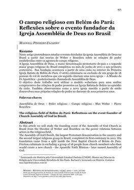 O Campo Religioso Em Belém Do Pará: Reflexões Sobre O Evento Fundador Da Igreja Assembléia De Deus No Brasil