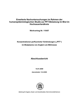 Nachuntersuchungen Im Rahmen Der Humanepidemiologischen Studie Zur PFT-Belastung Im Blut Im Hochsauerlandkreis