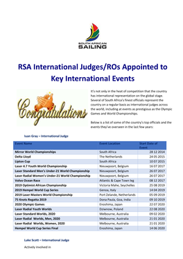RSA International Judges/Ros Appointed to Key International Events