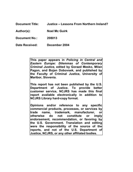 Document Title: Justice – Lessons from Northern Ireland? Author(S