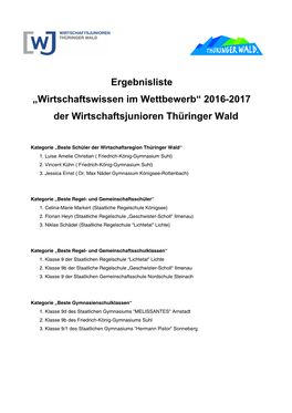 Ergebnisliste „Wirtschaftswissen Im Wettbewerb“ 2016-2017 Der