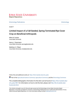 Limited Impact of a Fall-Seeded, Spring-Terminated Rye Cover Crop on Beneficial Arthropods