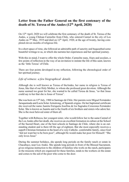 Letter from the Father General on the First Centenary of the Death of St. Teresa of the Andes (12Th April, 2020)