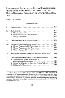 Reservations: Discussion of Recent Developments in the Practice of the Secretary-General of the United Nations As Depositary of Multilateral Trea- Ties