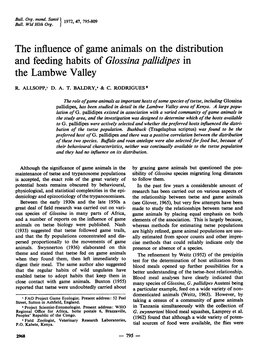 The Influence of Game Animals on the Distribution and Feeding Habits of Glossina Pallidipes in the Lambwe Valley