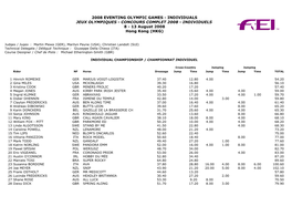 2008 EVENTING OLYMPIC GAMES - INDIVIDUALS JEUX OLYMPIQUES - CONCOURS COMPLET 2008 - INDIVIDUELS 8 - 13 August 2008 Hong Kong (HKG)