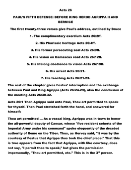 Acts 26 PAUL's FIFTH DEFENSE: BEFORE KING HEROD AGRIPPA II