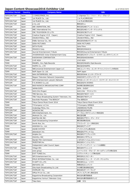 Japan Content Showcase2016 Exhibitor List As of 2016/10/5 Exhibition Market Country Company Name 社名 TIFFCOM/TIAF Japan 1-10HOLDINGS, Inc