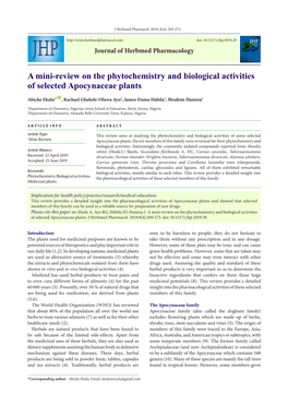 A Mini-Review on the Phytochemistry and Biological Activities of Selected Apocynaceae Plants