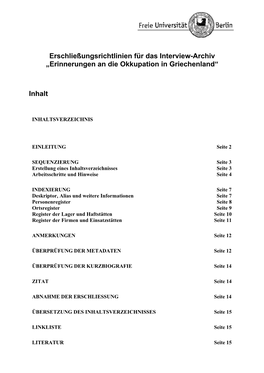 Erschließungsrichtlinien Für Das Interview-Archiv „Erinnerungen an Die Okkupation in Griechenland“