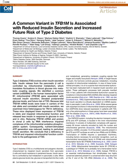 A Common Variant in TFB1M Is Associated with Reduced Insulin Secretion and Increased Future Risk of Type 2 Diabetes