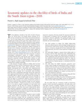 Taxonomic Updates to the Checklist of Birds of India and the South Asian Region—2018