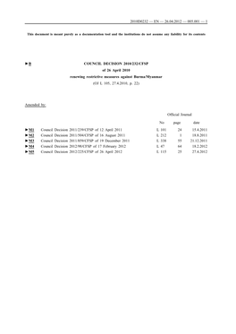 COUNCIL DECISION 2010/232/CFSP of 26 April 2010 Renewing Restrictive Measures Against Burma/Myanmar (OJ L 105, 27.4.2010, P