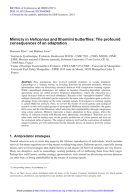 Mimicry in Heliconius and Ithomiini Butterflies: the Profound Consequences of an Adaptation