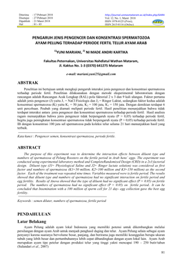 Pengaruh Jenis Pengencer Dan Konsentrasi Spermatozoa Ayam Pelung Terhadap Periode Fertil Telur Ayam Arab Abstrak Abstract Pe