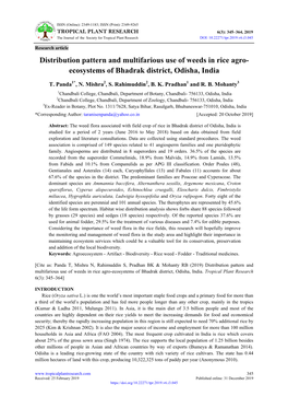 Distribution Pattern and Multifarious Use of Weeds in Rice Agro-Ecosystems of Bhadrak District, Odisha, India