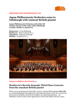 Japan Philharmonic Orchestra Come to Edinburgh with Eminent British Pianist