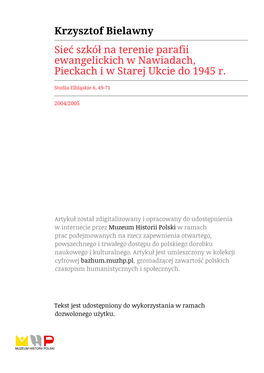 Krzysztof Bielawny Sieć Szkół Na Terenie Parafii Ewangelickich W Nawiadach, Pieckach I W Starej Ukcie Do 1945 R