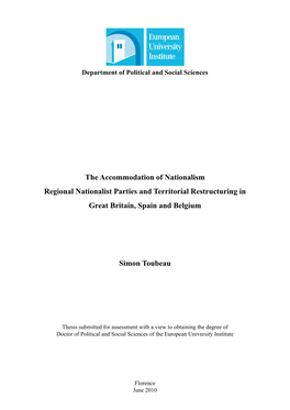 The Accommodation of Nationalism Regional Nationalist Parties and Territorial Restructuring in Great Britain, Spain and Belgium