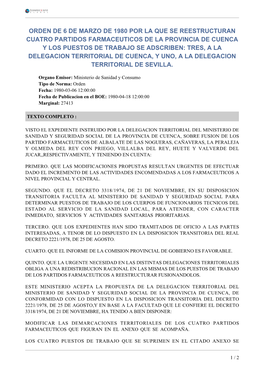 Orden De 6 De Marzo De 1980 Por La Que Se Reestructuran Cuatro Partidos Farmaceuticos De La Provincia De Cuenca Y Los Puestos De