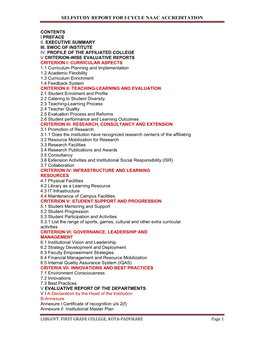 Selfstudy Report for I Cycle Naac Accreditation