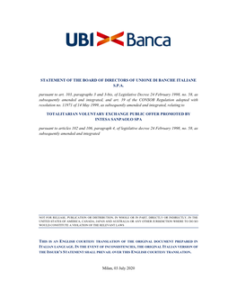 Statement of the Board of Directors of Unione Di Banche Italiane S.P.A