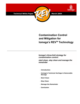 Contamination Control and Mitigation for Iomega's REV™ Technology