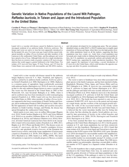 Genetic Variation in Native Populations of the Laurel Wilt Pathogen, Raffaelea Lauricola, in Taiwan and Japan and the Introduced Population in the United States